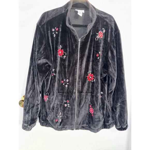 Alfred Dunner Black Floral Embroidered Zip-Up Jacket Womens Size 16 Cotton/Polye - Picture 1 of 7